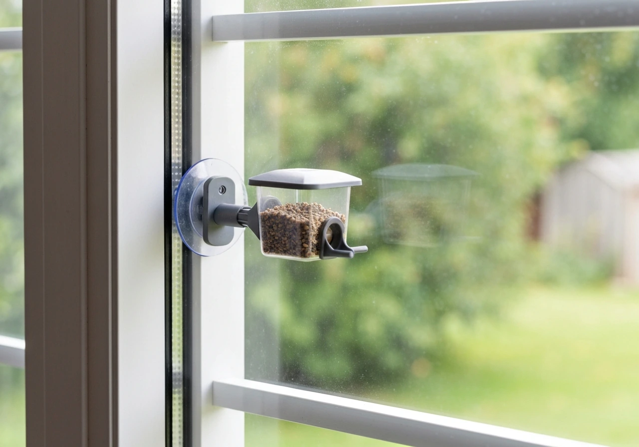 Compact window smart bird feeder clipped and suction-mounted to a glass window, ready for birds.