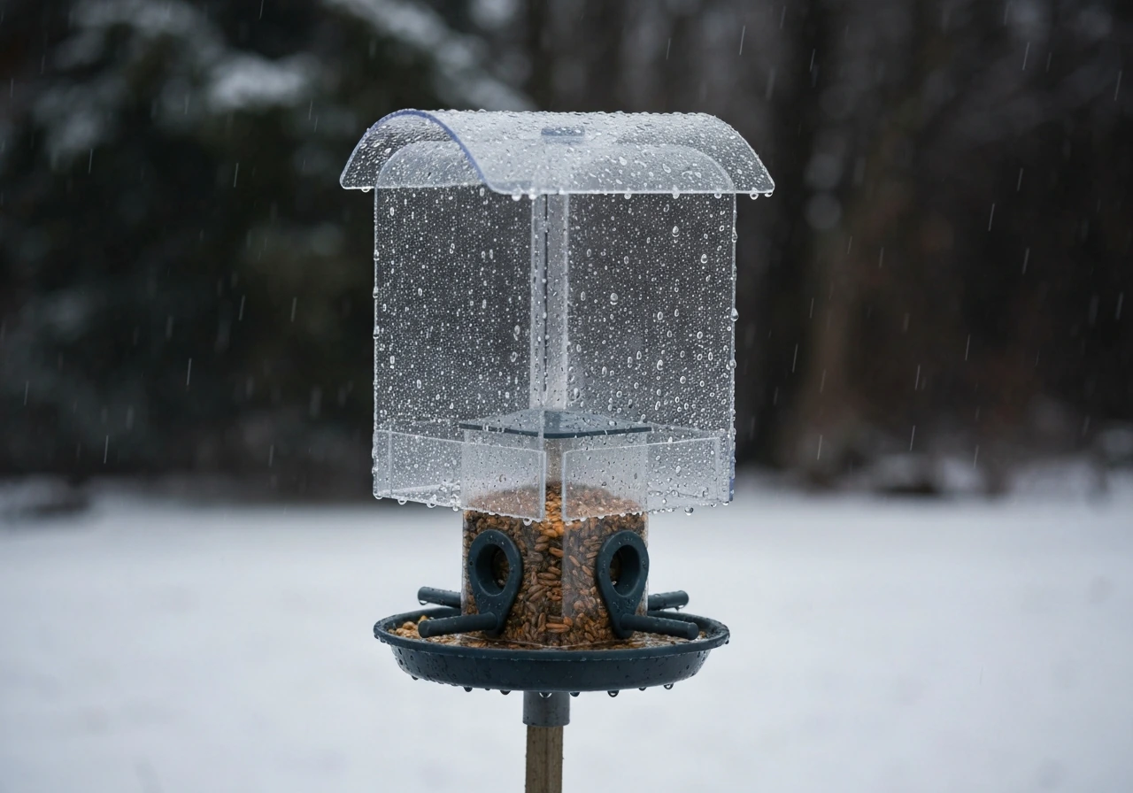 Outdoor smart bird feeder in winter rain with a baffle guard blocking squirrel access.