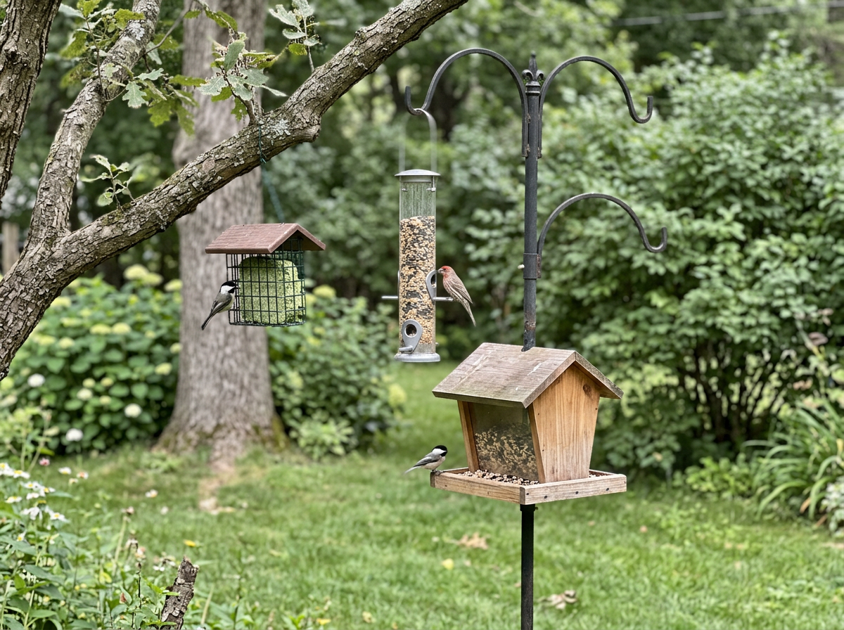 Multiple Audubon-style bird feeders on a backyard station showing different feeder types