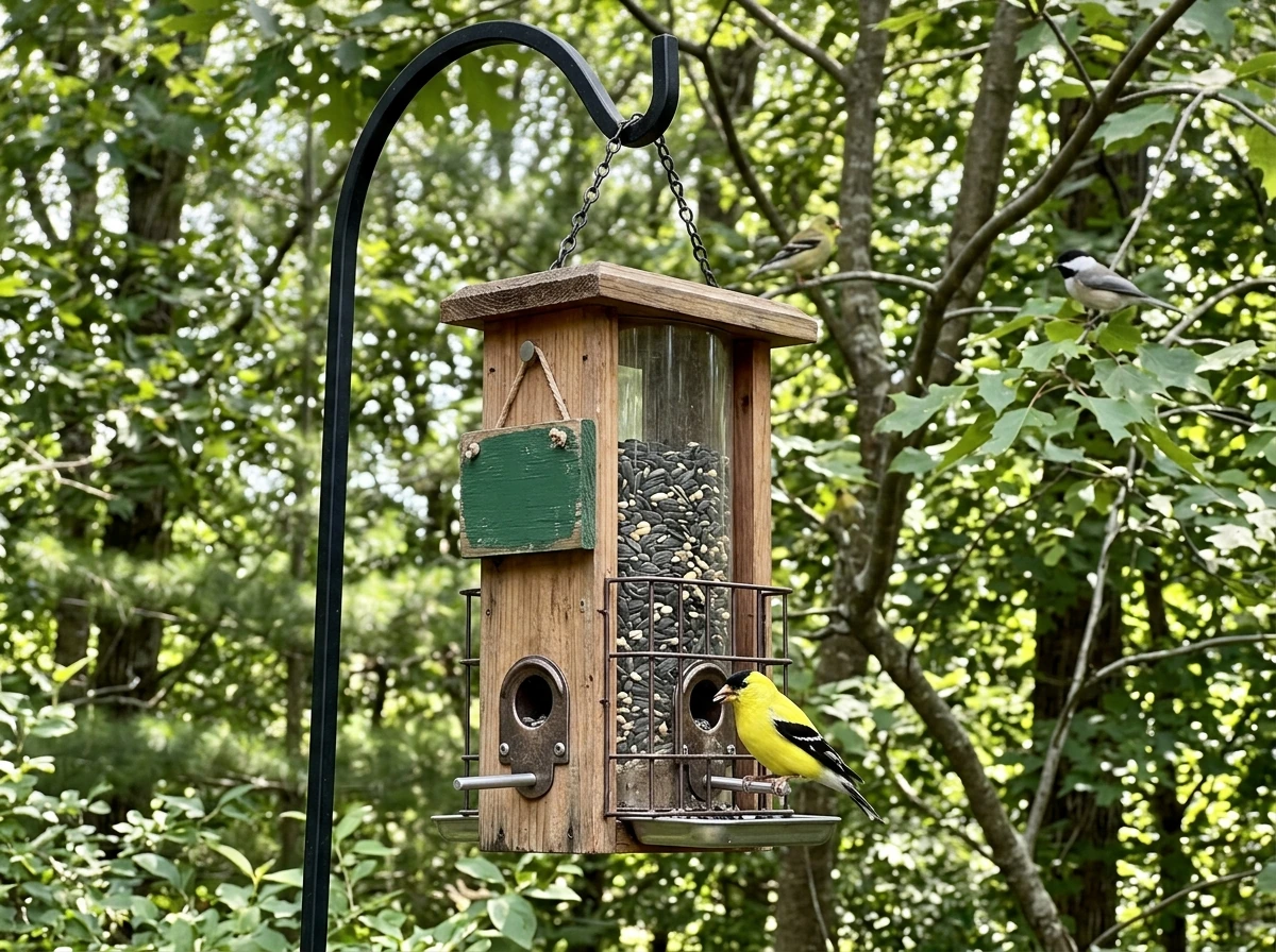 Tube feeder filled with seed, showing feeding ports and seed level in backyard