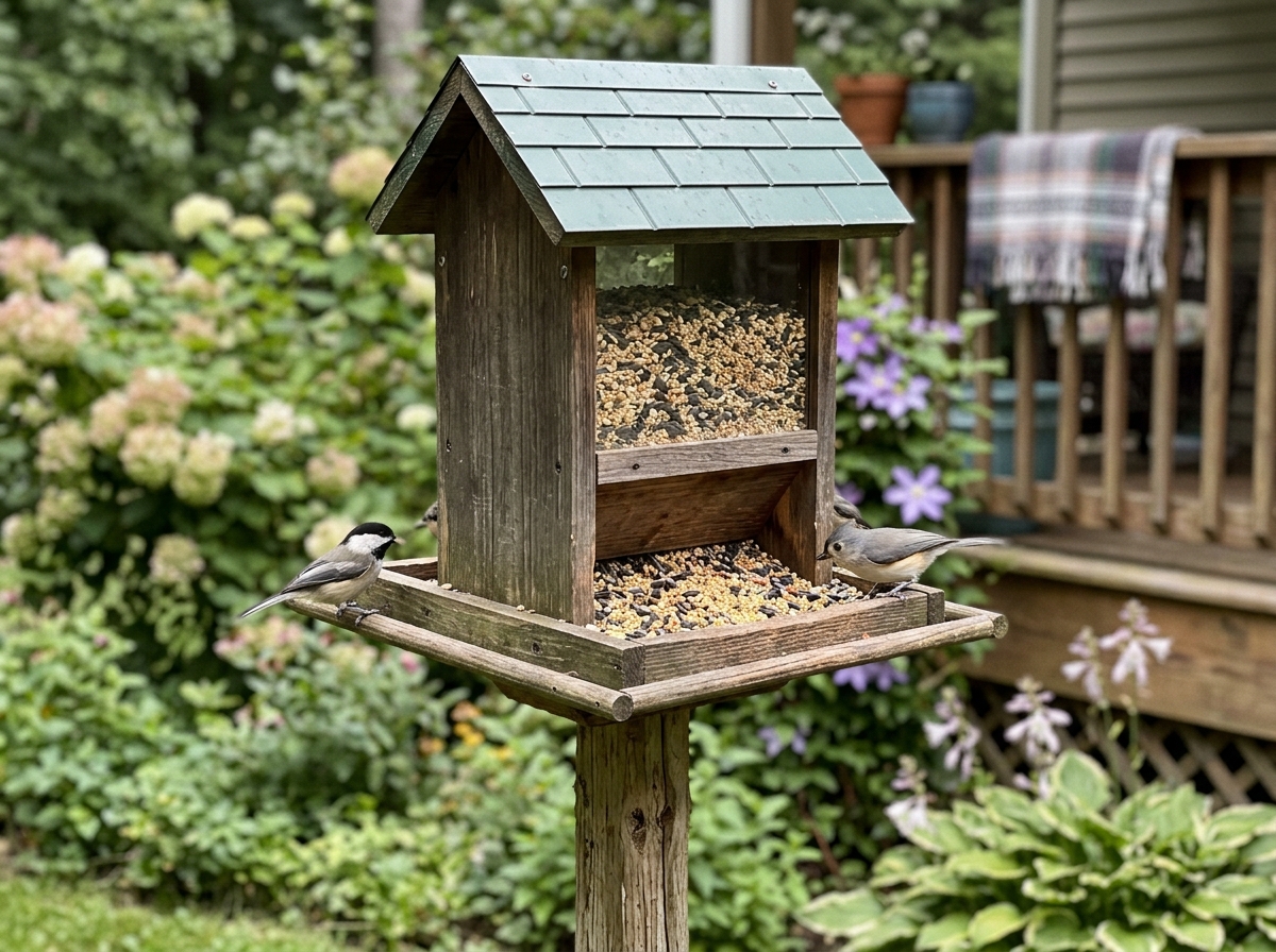 Hopper feeder with seed reservoir and tray plus wide perch