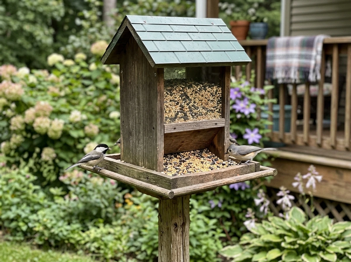 Hopper feeder with seed reservoir and tray plus wide perch