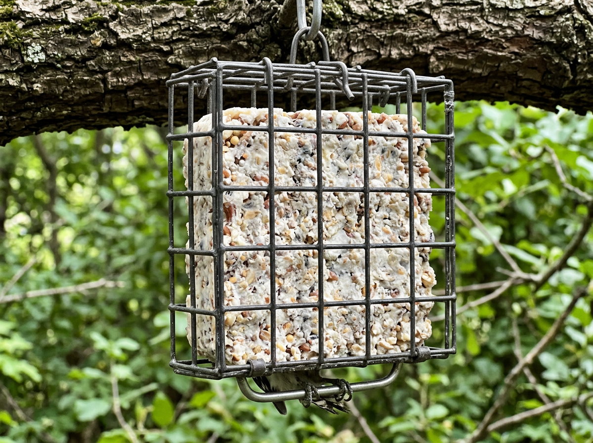 Suet cage with rectangular suet block on a tree branch