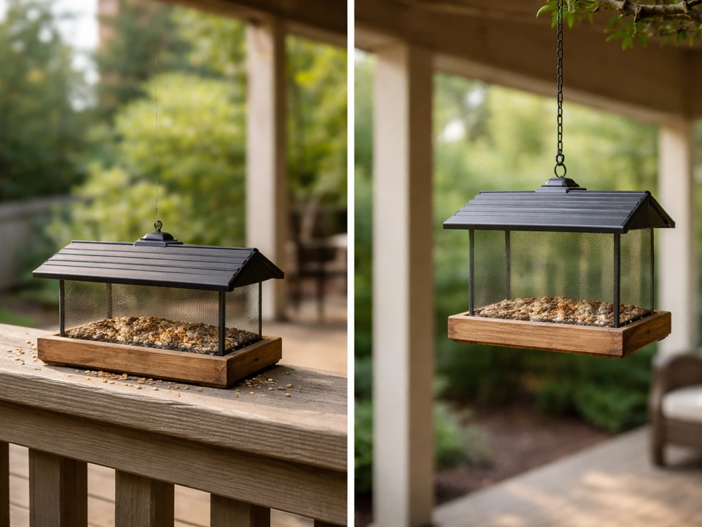 Tabletop bird feeder on a deck next to a hanging feeder under a covered patio, showing placement difference.