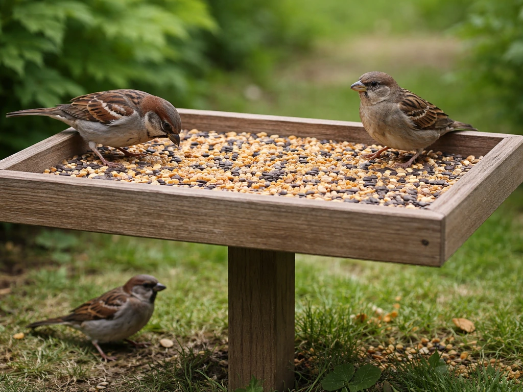 Close-up of an open tray bird feeder with sparrows perched and others foraging on the ground.