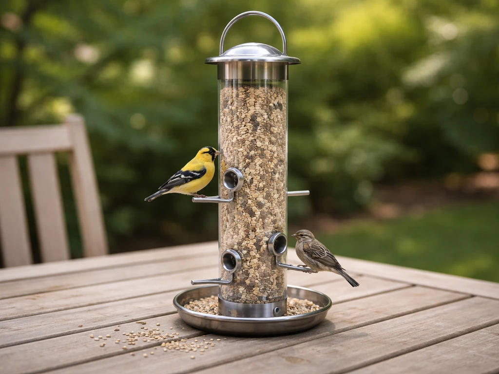 Tabletop tube bird feeder with small feeding ports and perches, fine seeds nearby, natural outdoor light.