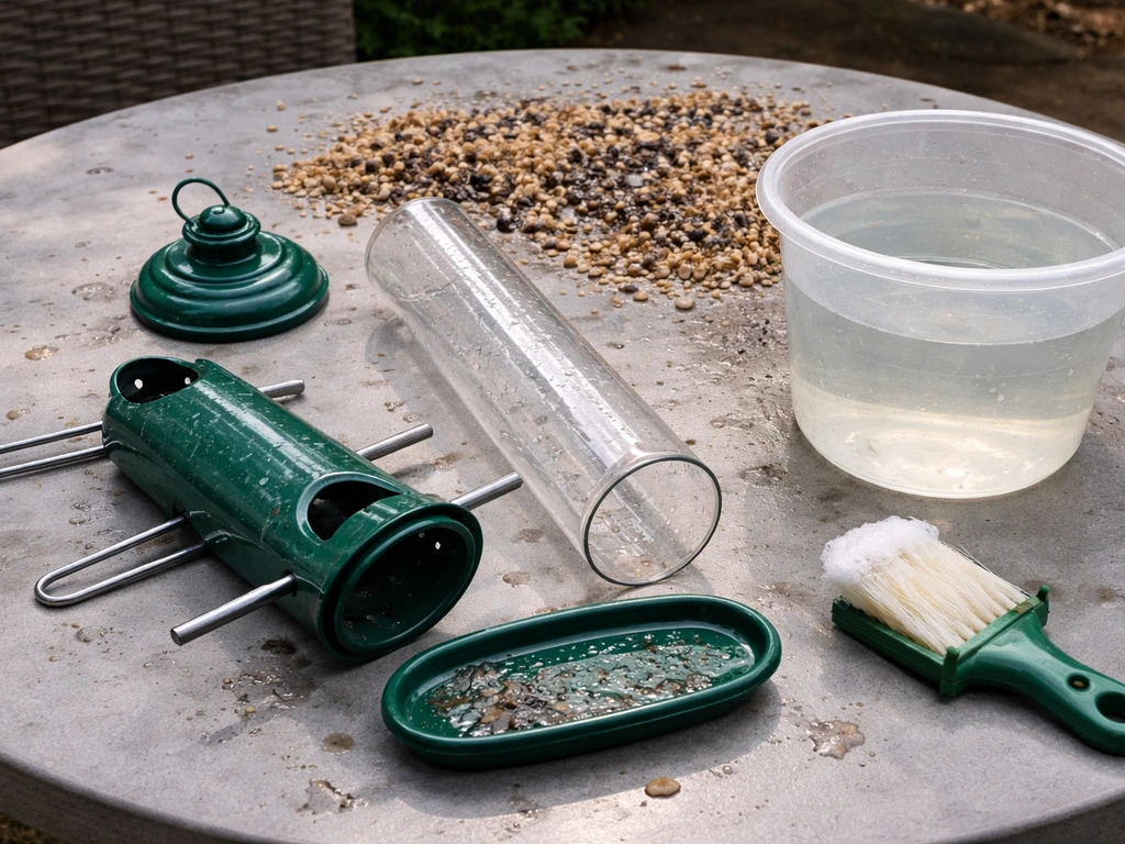 Disassembled bird feeder on a patio table with wet seed, moldy mess, and a cleaning brush.