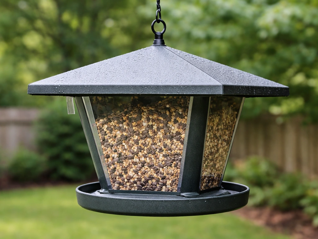 Close-up of a covered hopper bird feeder hanging under a rain-shedding roof