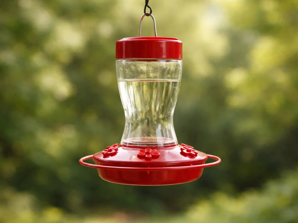 Hummingbird nectar hanging feeder with ant moat and feeding ports near a sunny window garden.