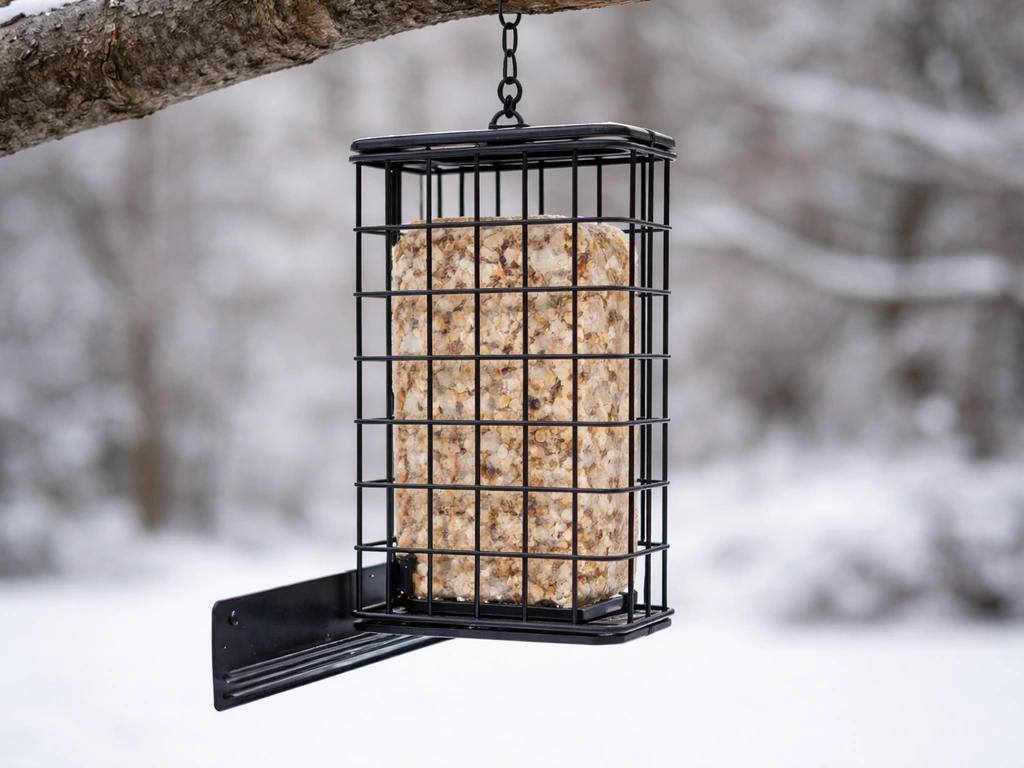 Metal cage suet feeder with a suet block hanging from a branch, woodpecker-style access