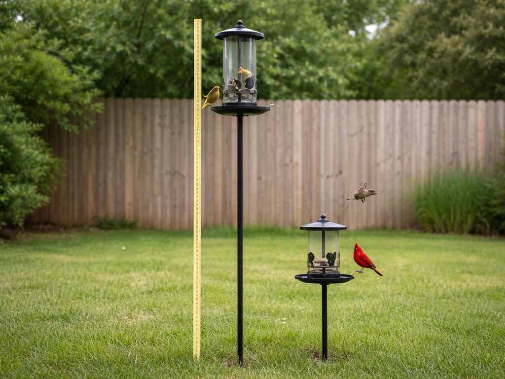 Outdoor bird feeder height comparison showing two mounting levels for eye-level feeding.