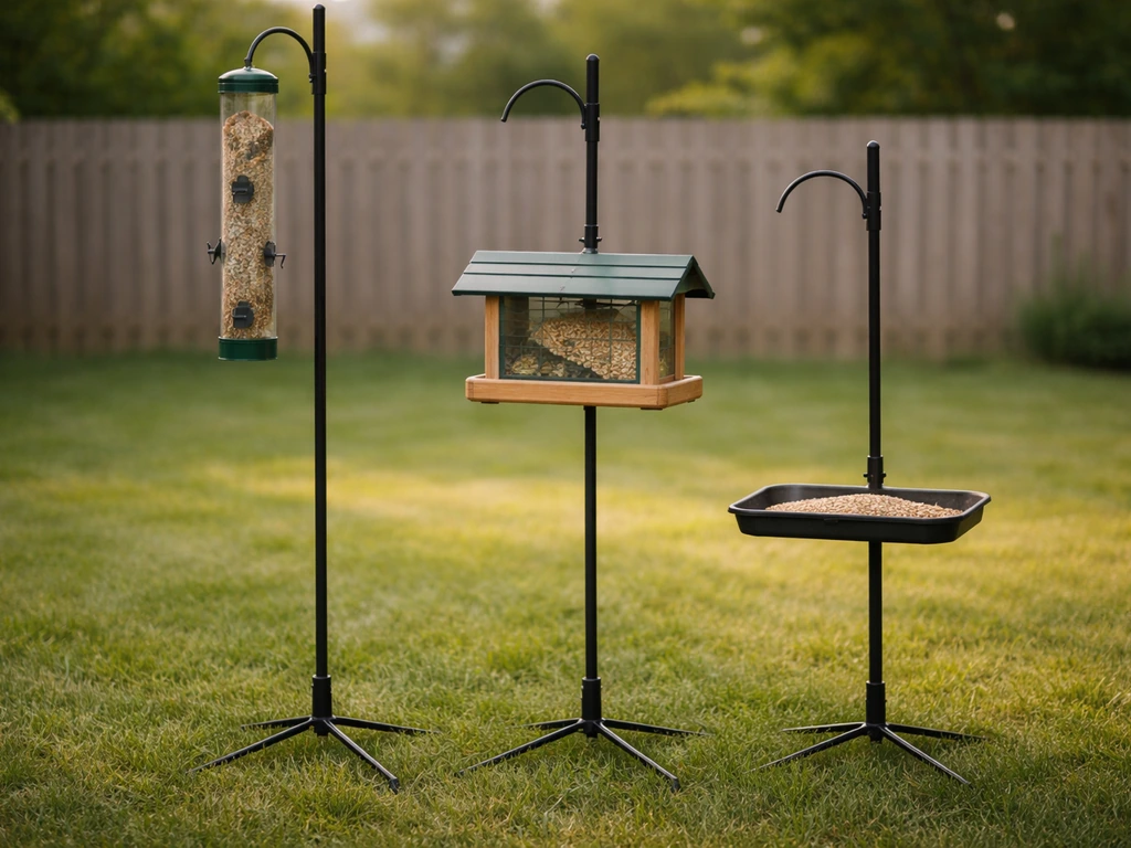 Three bird feeding stations with different feeder types on stands at varying heights in a simple yard