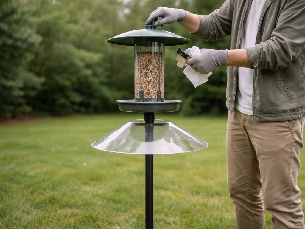 Person refilling a stand-mounted bird feeder from ground level using a handle; baffle visible on the stand.