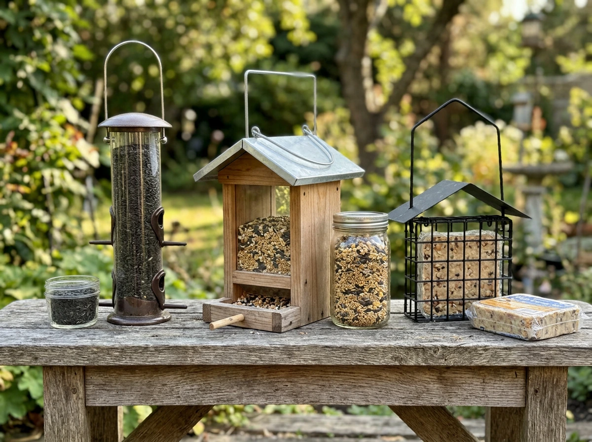 Tube, hopper, and suet cage feeders with matching seeds laid out side-by-side.