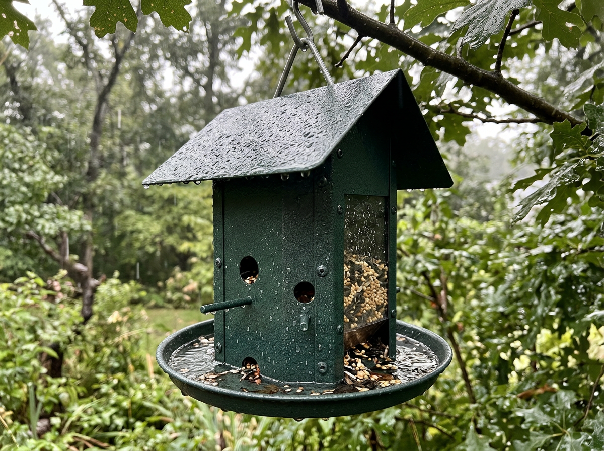 Powder-coated bird feeder with visible seams and rain droplets outdoors.