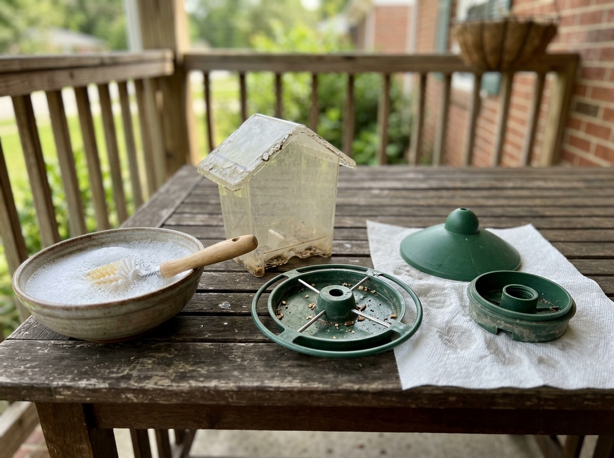 Bird feeder taken apart for cleaning with brush and soapy water.