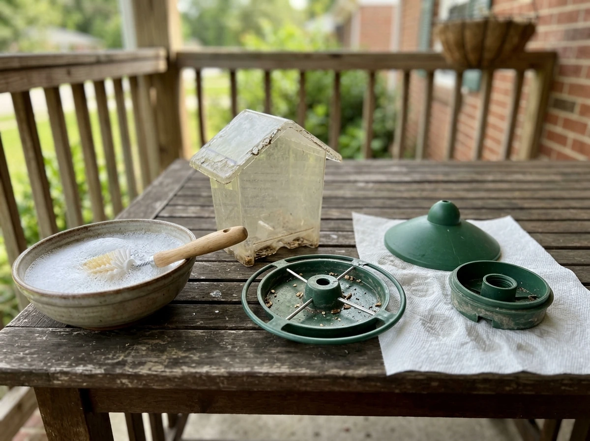 Bird feeder taken apart for cleaning with brush and soapy water.