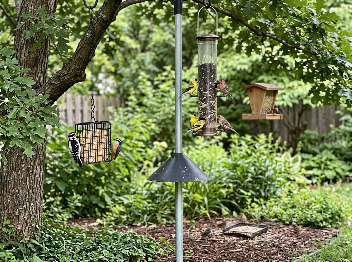 Backyard setup showing tube feeder with baffle and nearby suet cage.