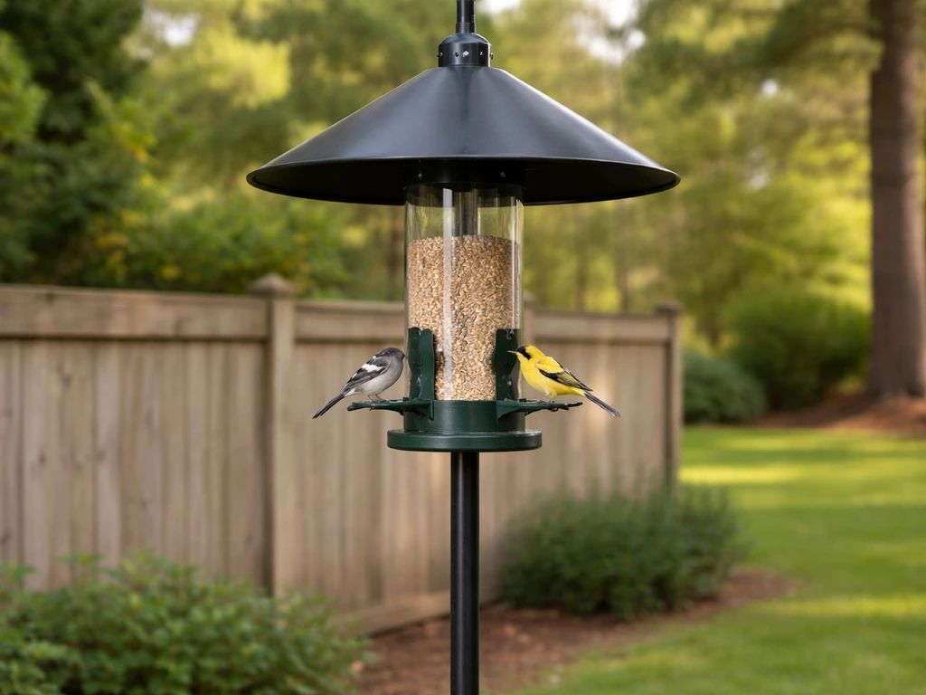 A deer-proof bird feeder with a high baffle and guard mounted on a pole, birds feeding safely.