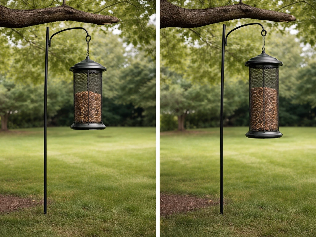 Side-by-side outdoor photo showing a bird feeder mounted too low vs properly high for clearance.