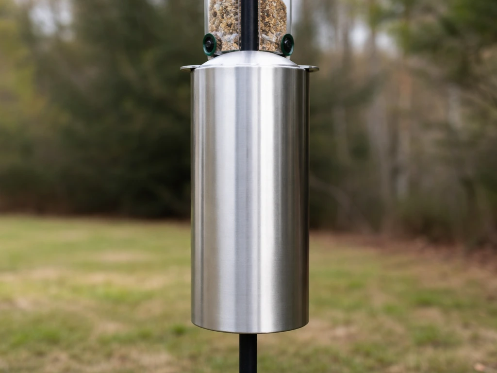 Close-up of a smooth metal torpedo-style pole baffle blocking access to a feeder’s seed ports.