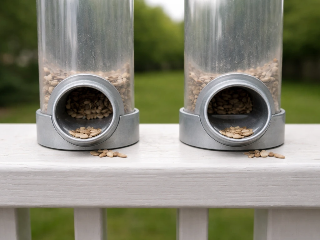 Two simple tube feeder openings side by side, showing different port sizes for deer-resistant spill control.