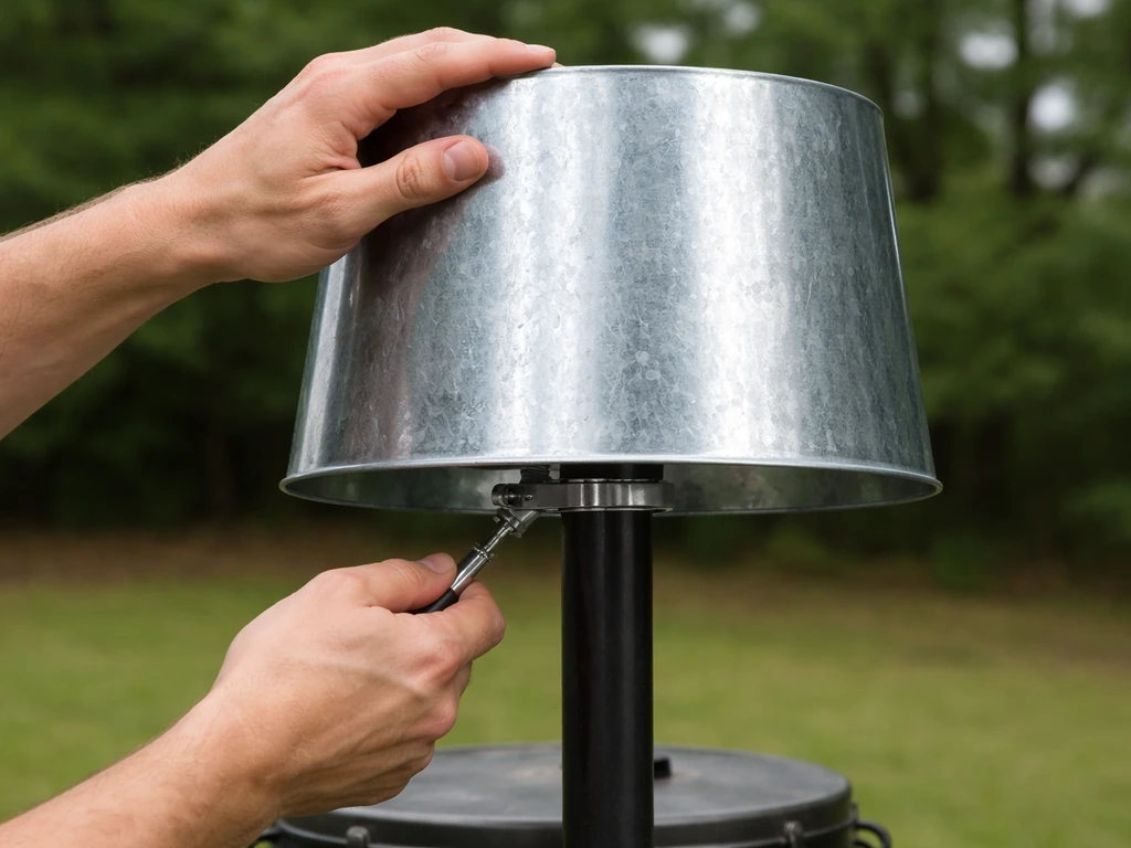 Hands assembling a galvanized stovepipe baffle on a deer feeder pole in a backyard.