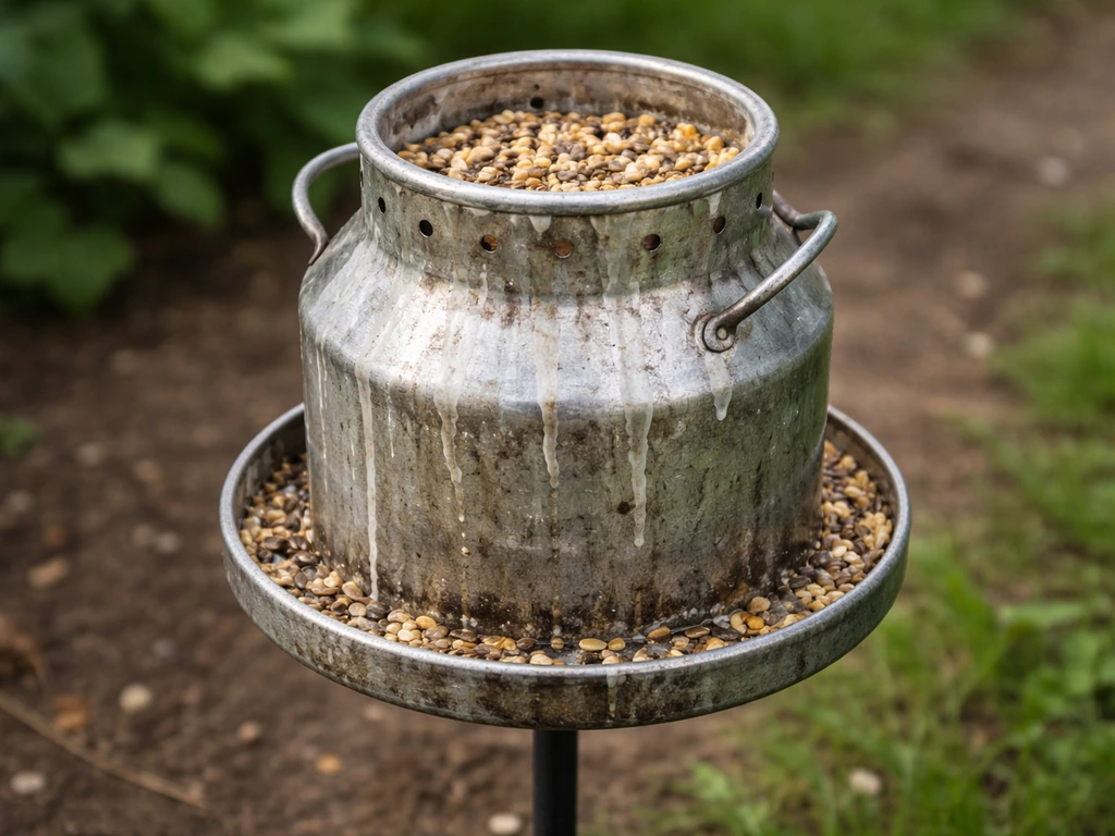 Close-up of a repurposed milk can outdoors with dried dairy residue around the feeder rim.