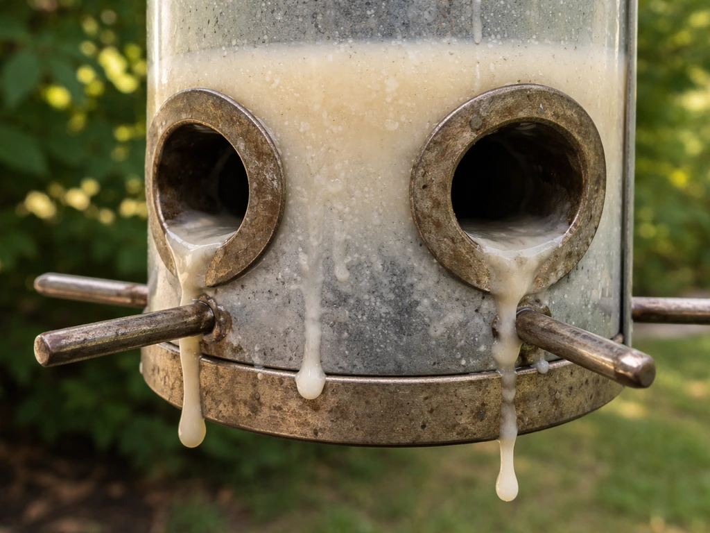 Outdoor bird feeder with milk spilling and cloudiness forming around the feeding ports.