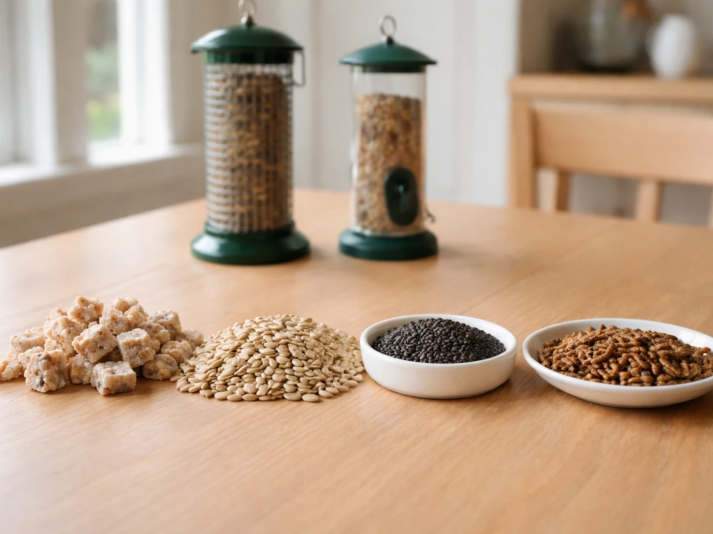 Side-by-side bird-safe foods: suet cake, sunflower seeds, nyjer, and mealworms near feeders.