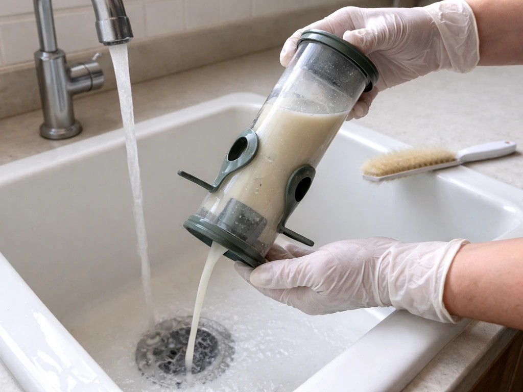 Gloved hands empty and rinse a milk-contaminated bird feeder at a simple kitchen sink