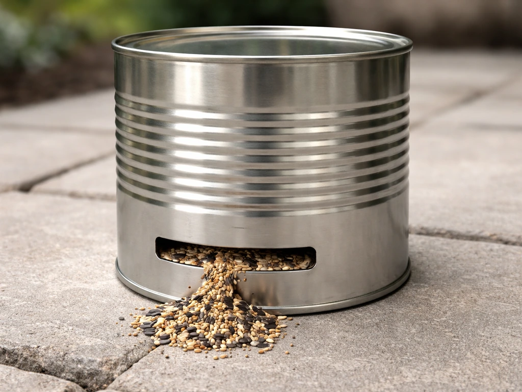 Enclosed gravity-feed seed hopper can with a narrow bottom slot releasing seeds.