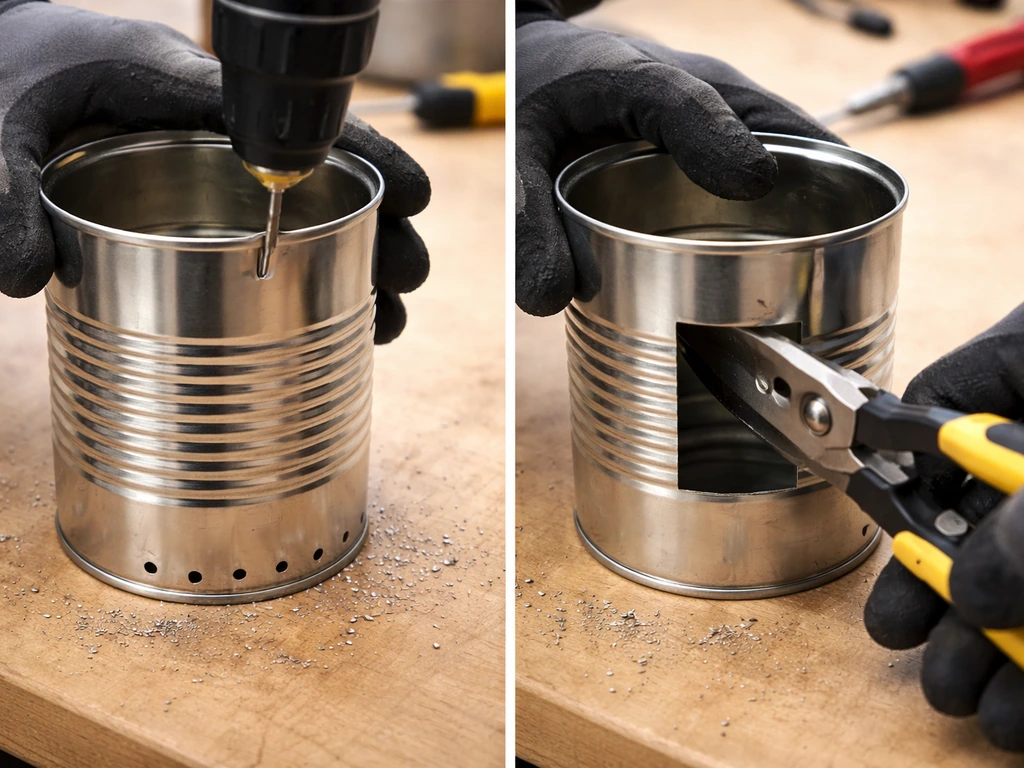 Close-up of a metal coffee can being drilled for drainage holes and cut with tin snips on a workbench.