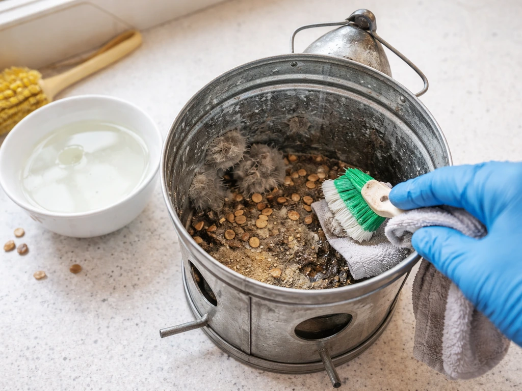Empty coffee-can bird feeder interior being scrubbed clean of moldy clumps with a cleaning rag and bleach solution.