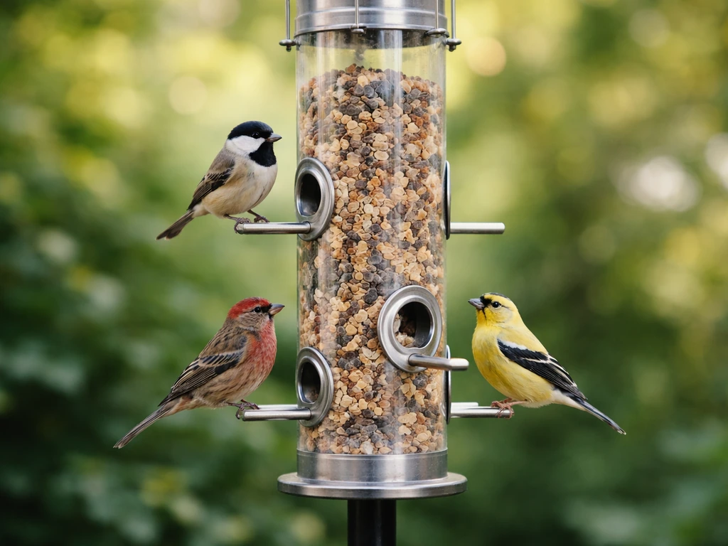 Clear cylinder bird feeder with side ports, seed visible, small perching birds on a garden pole