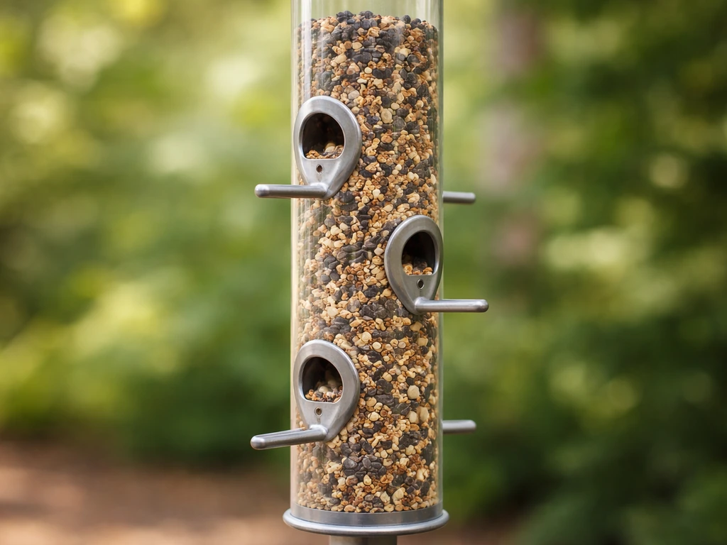 Close-up of a clear plastic cylinder bird feeder with drilled side ports and small perches