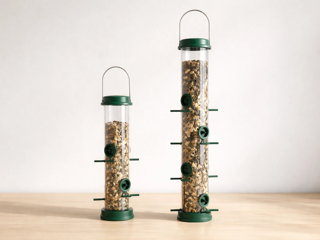 Two tube bird feeders side by side showing short (2-port) vs long (8-port) tube length