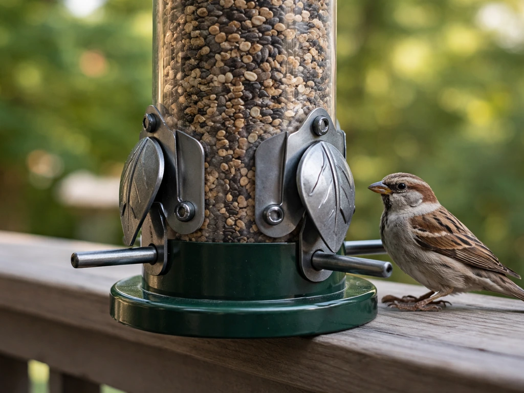 Close-up of a tube bird feeder with ports covered by a weight-activated metal shutter mechanism.