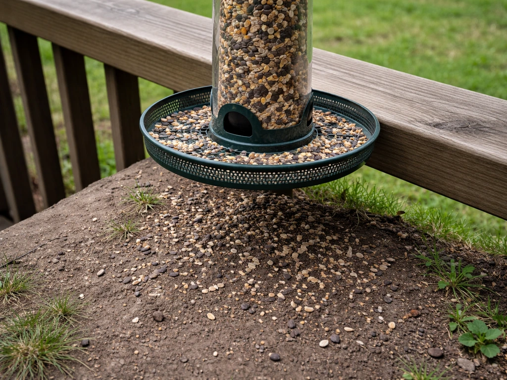 Tube bird feeder with a catch tray, with scattered seed hulls and droppings on the ground below.
