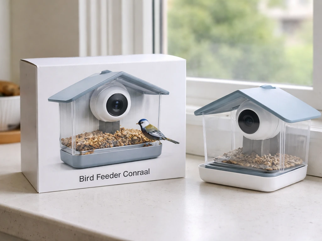 Retail packaging of a bird feeder camera with the camera unit partially visible on a sunny windowsill.