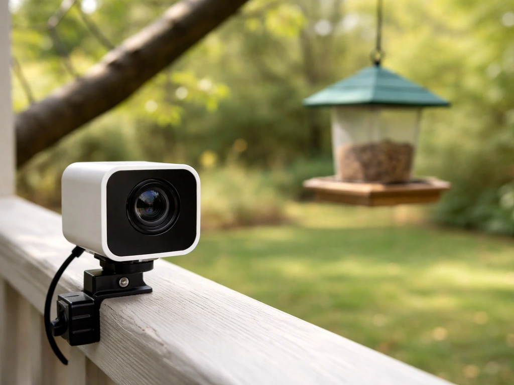 Wide-angle feeder camera framing a backyard bird feeder with strong lens perspective.