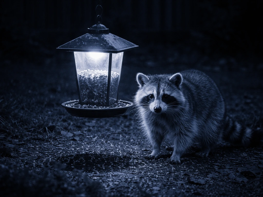 A raccoon at a backyard bird feeder at night, lit by infrared glow