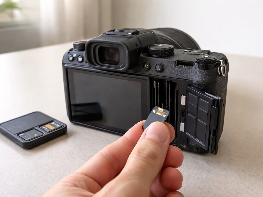 Camera showing a formatted microSD card being inserted and a quick local storage check in a simple setup.