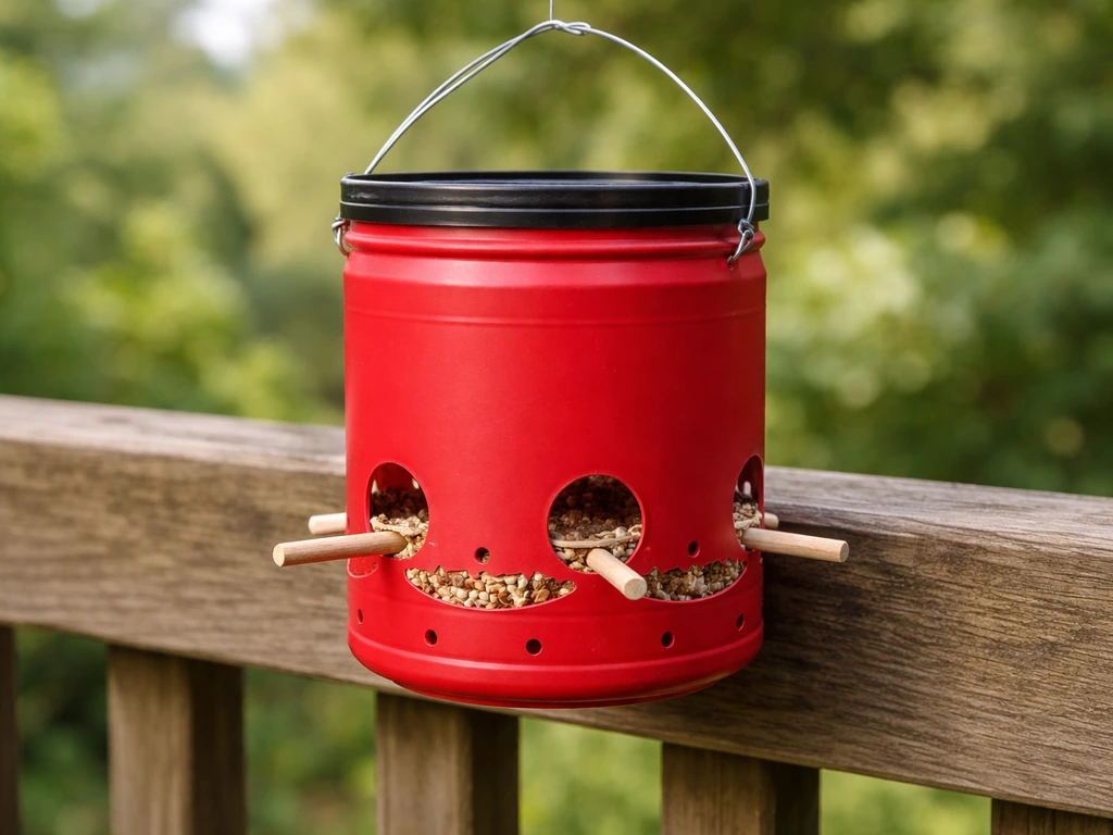 DIY plastic coffee can bird feeder mounted outdoors with seed ports and perches visible.