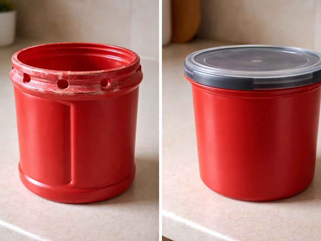 Side-by-side view of a drilled, scuffed plastic coffee can and a sealed food-safe container on a countertop.