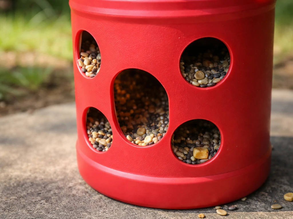 Close-up of a plastic coffee-can seed feeder with drilled side ports, seeds ready inside