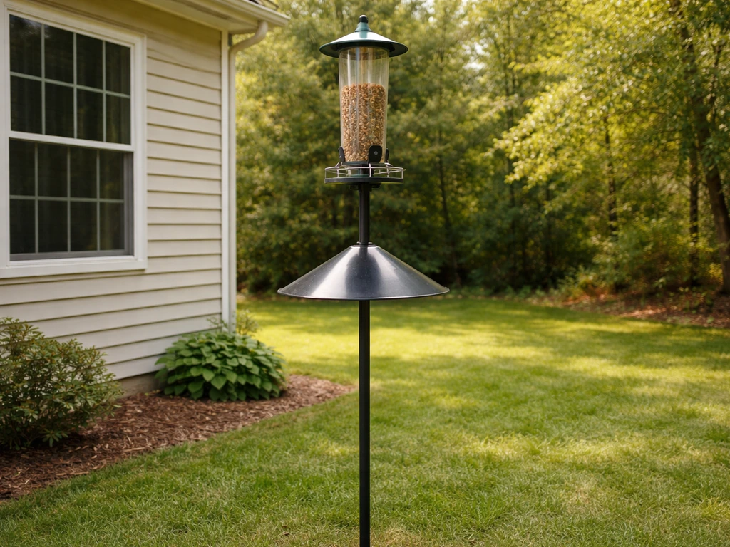 Bird feeder on a pole with a metal baffle beneath, positioned safely away from a window.