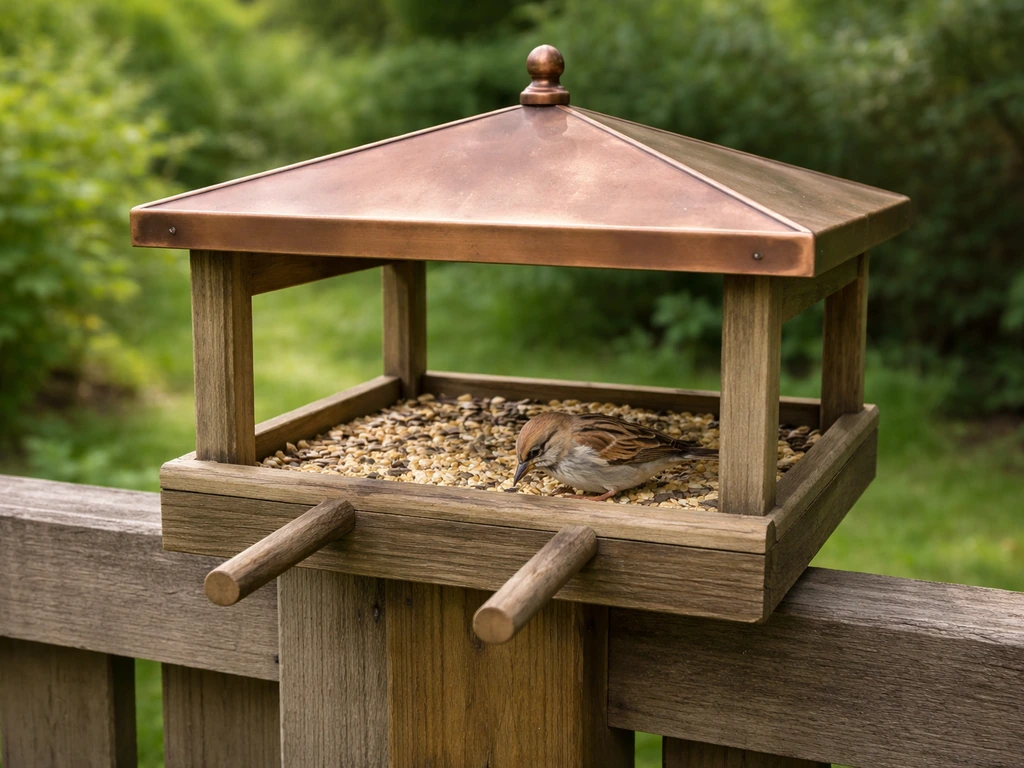 Small brown bird eating from an open copper-top platform feeder in a quiet backyard garden.