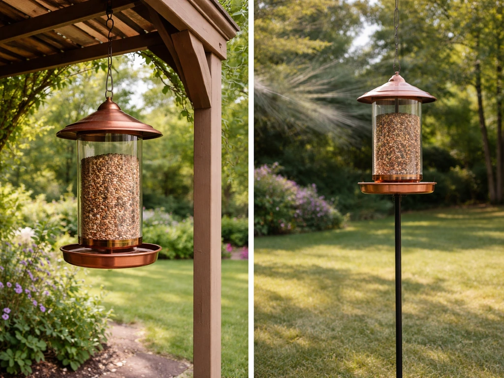 Two copper bird feeders side-by-side: one under a gazebo, one on a standalone pole in an open yard.