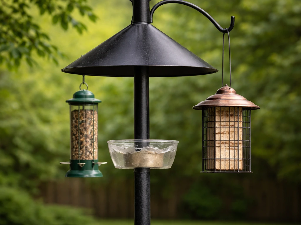 Outdoor bird feeder pole showing a baffle and an ant-moat barrier with no animals visible.